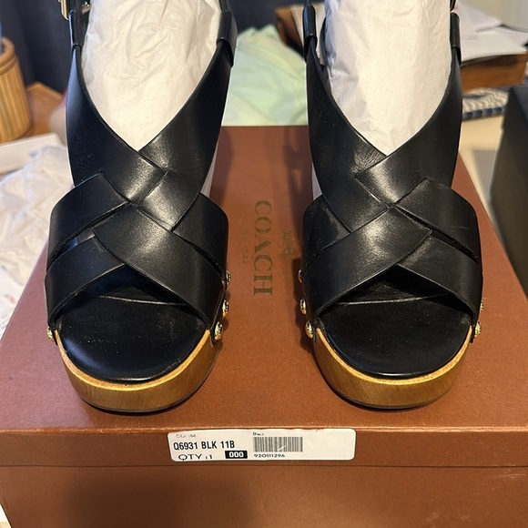 COACH BLK leather strappy sandals with 4 1/2” heel. Wood soles, GLD buckle. - Picture 2 of 4